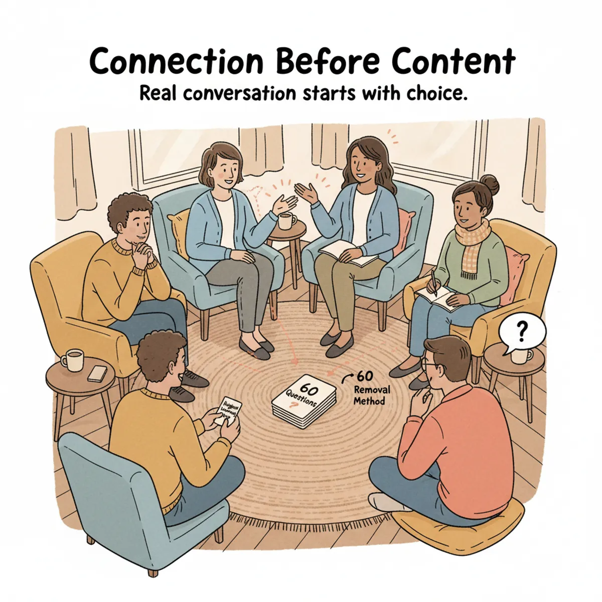 Small group engaged in meaningful conversation during icebreaker activity